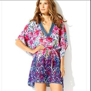 Badgley Mischka Blue, Pink & Green Beaded Floral Chiffon Drawstring Cover Up!